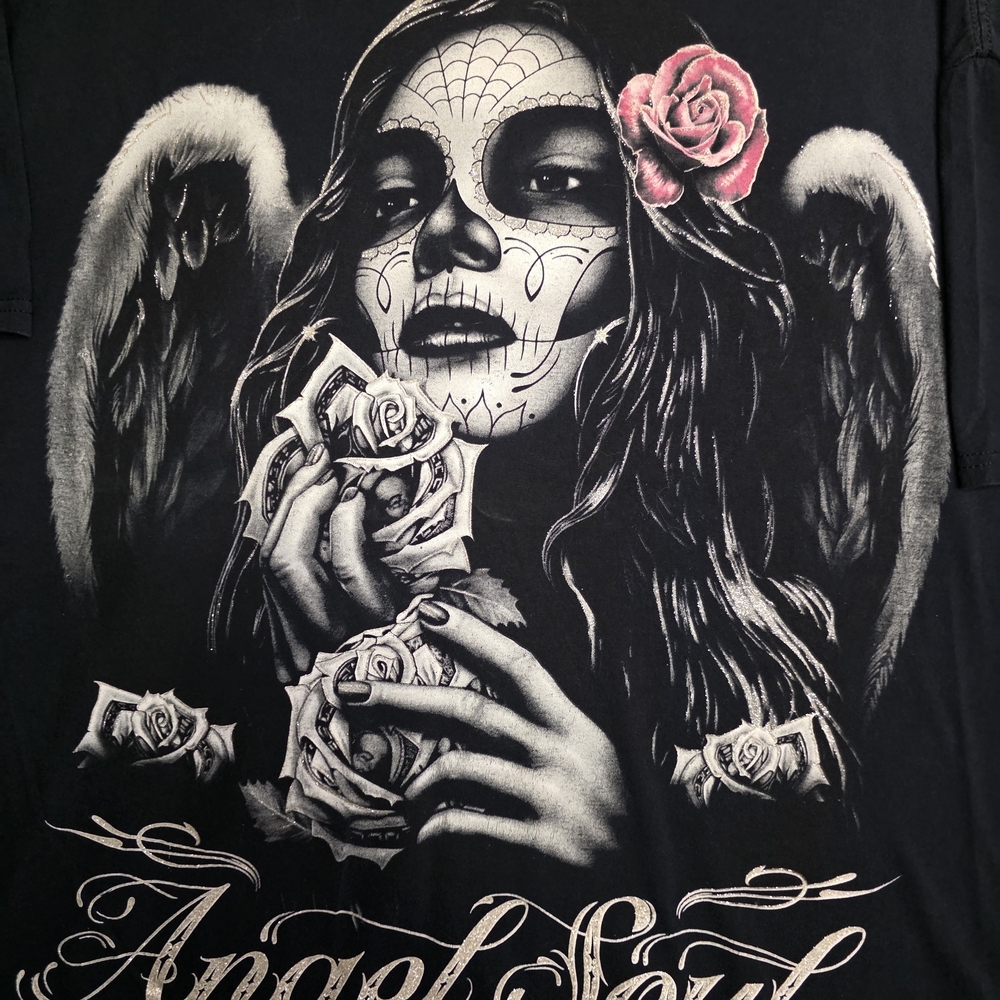 Angel Soul Wings Roses Art Skull Painted Death Woman Face Black tshirt Sz XL - Picture 2 of 6